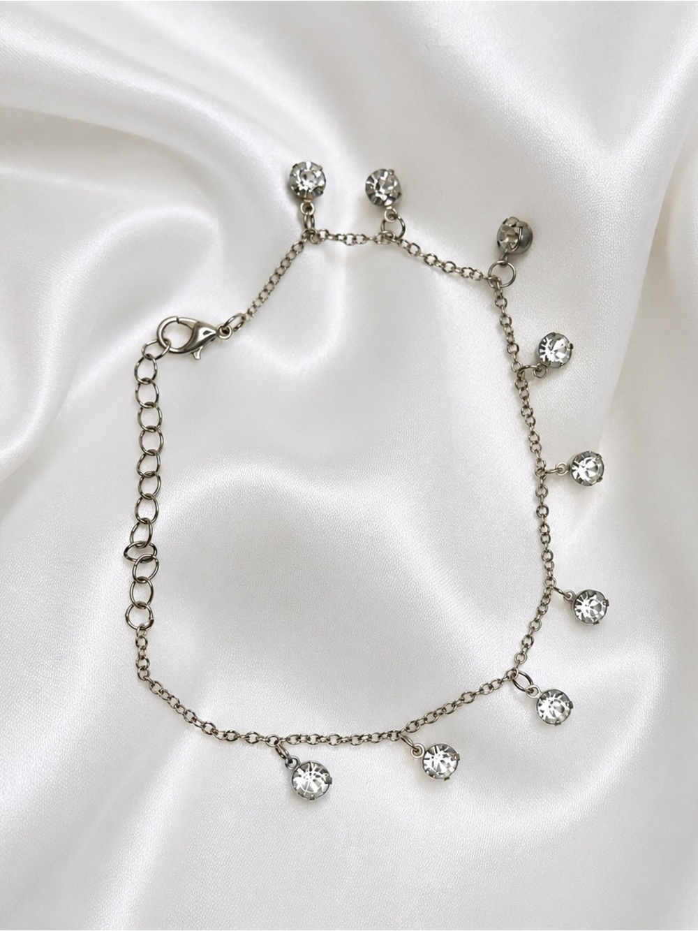 Vintage Y2K Rhinestone Anklet Silver Glam Charm Bracelet Sparkly Boho